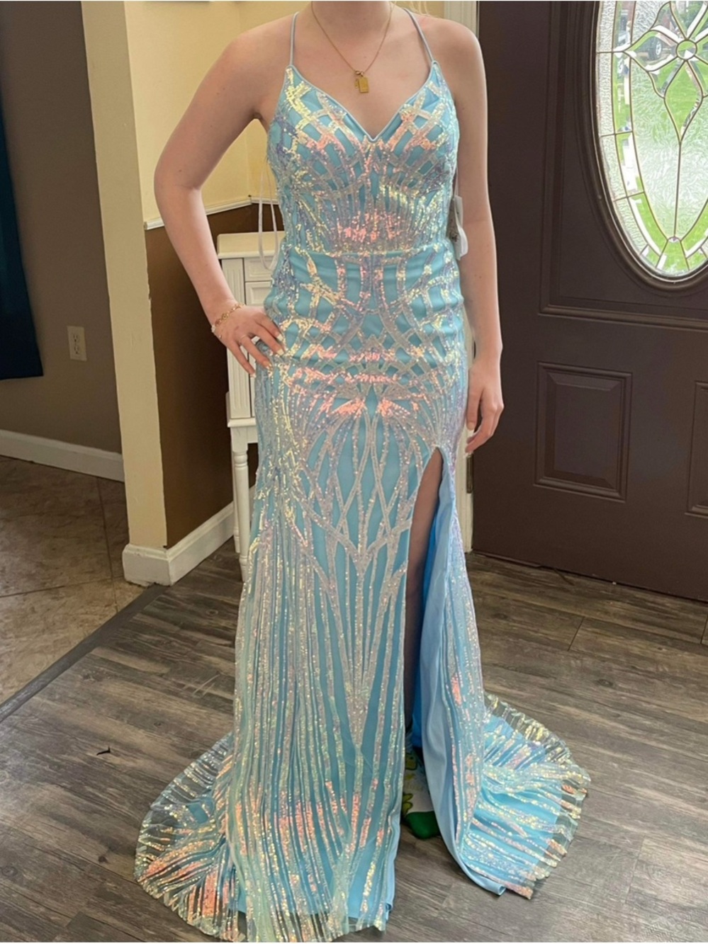 Light Blue Prom Dress with Sequins and Thigh Slit — Backless